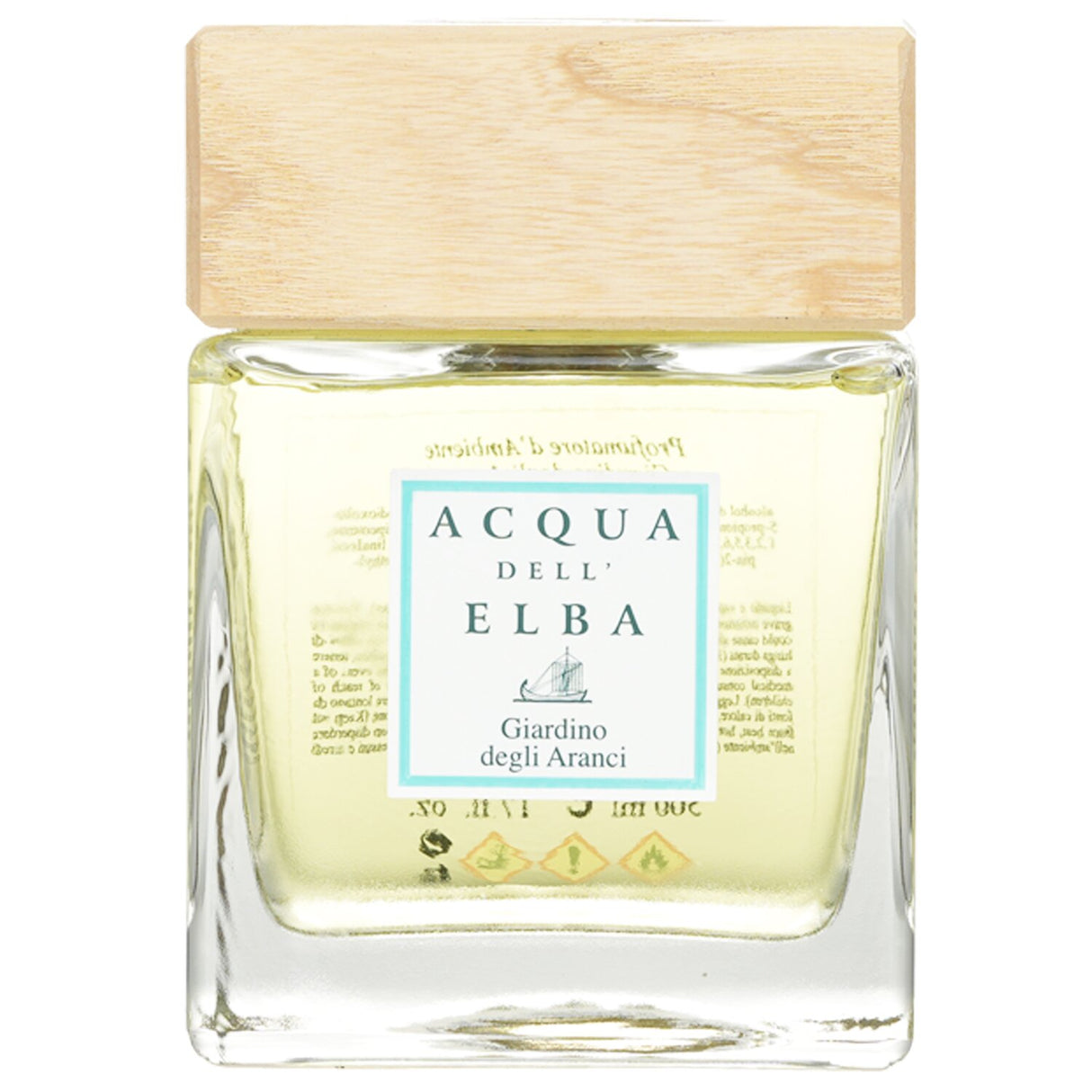 Elegant glass diffuser with wooden cap, emitting a refreshing citrus scent of an orange garden in 500ml/17oz.