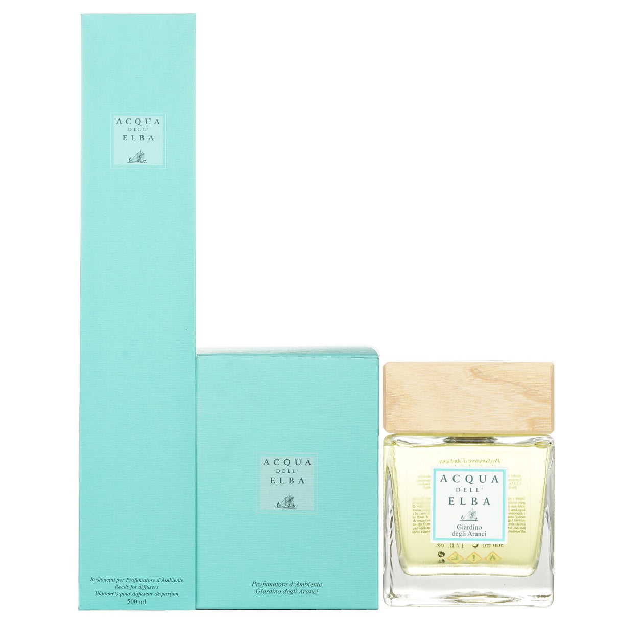 Elegant glass diffuser with wooden cap, delivering a refreshing citrus scent reminiscent of a sunlit orange garden.