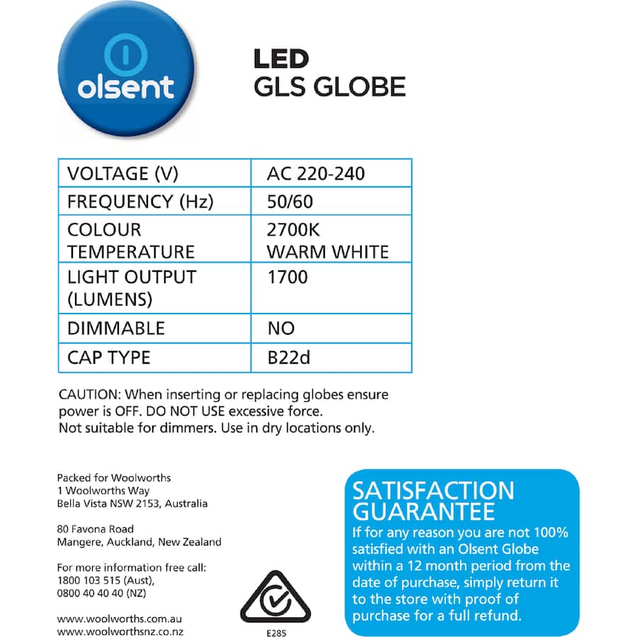 Olsent Led Light Bulb Gls Bayonet 15w 1700lm Ww 2pack