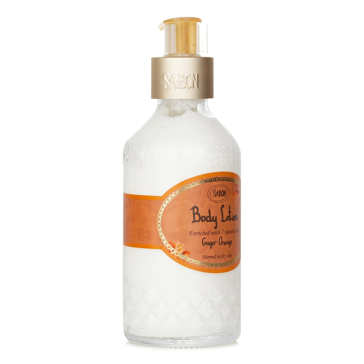 Hydrating Sabon Ginger Orange body lotion with pump, enriched with natural oils for soft, nourished skin and uplifting fragrance.
