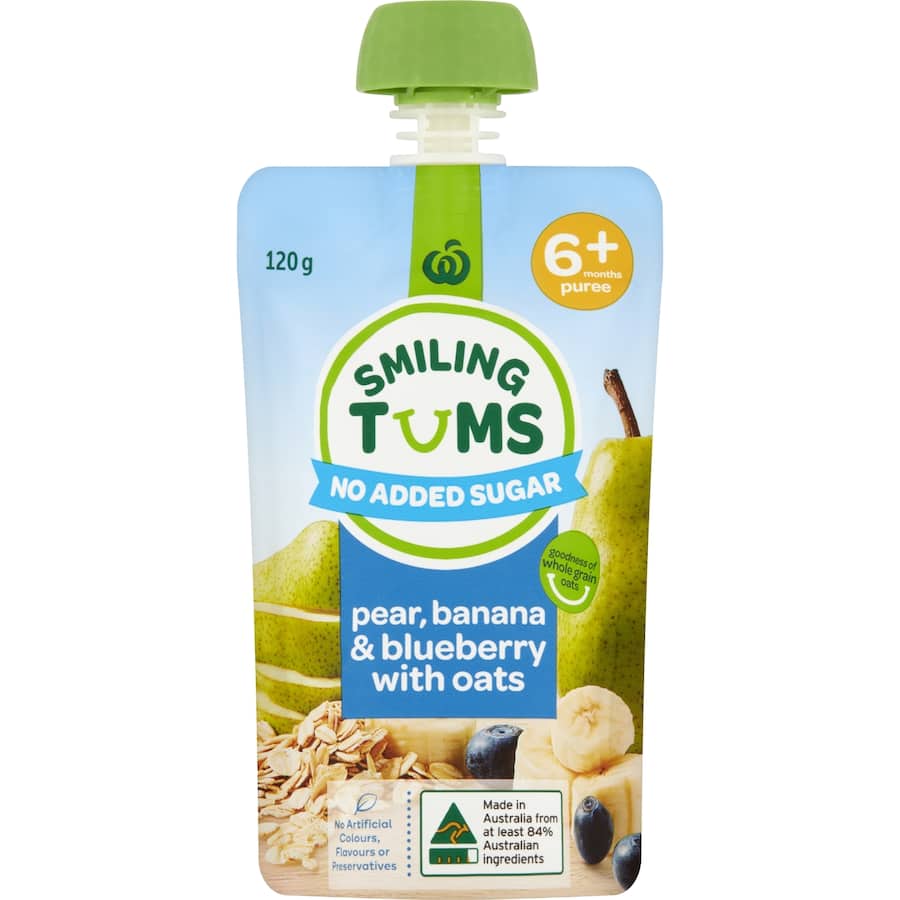 Woolworths Smiling Tums Baby Food 6+ Months Pear, Banana & Blueberry Pouch 120g