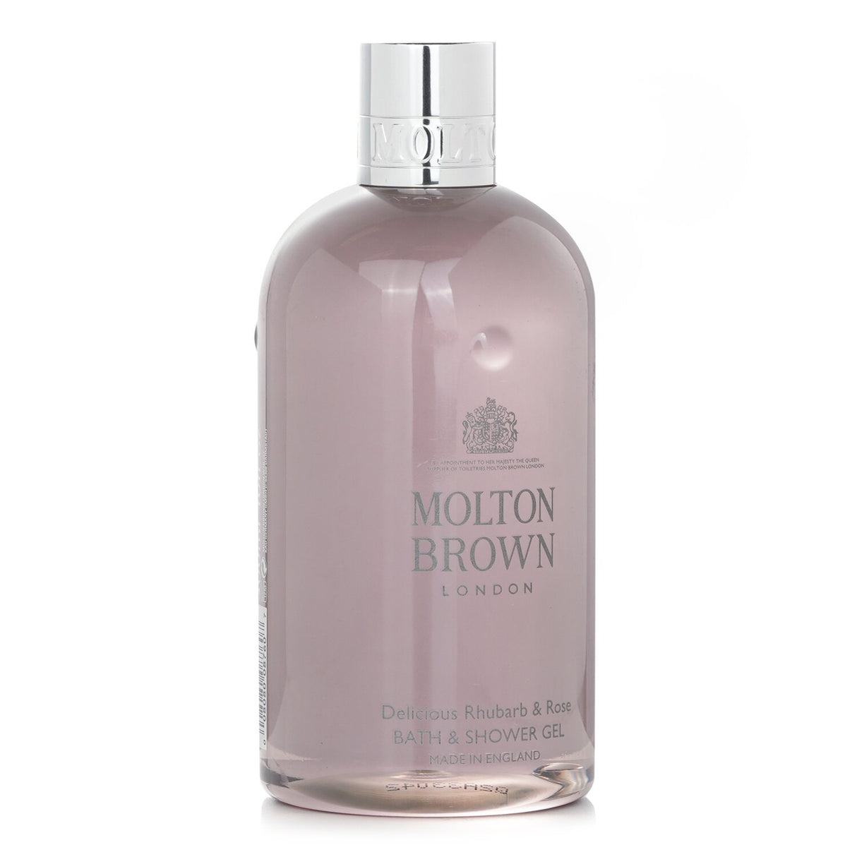 Luxurious Molton Brown bath & shower gel with rhubarb and rose extract for moisturized, refreshed skin and a zesty floral scent.