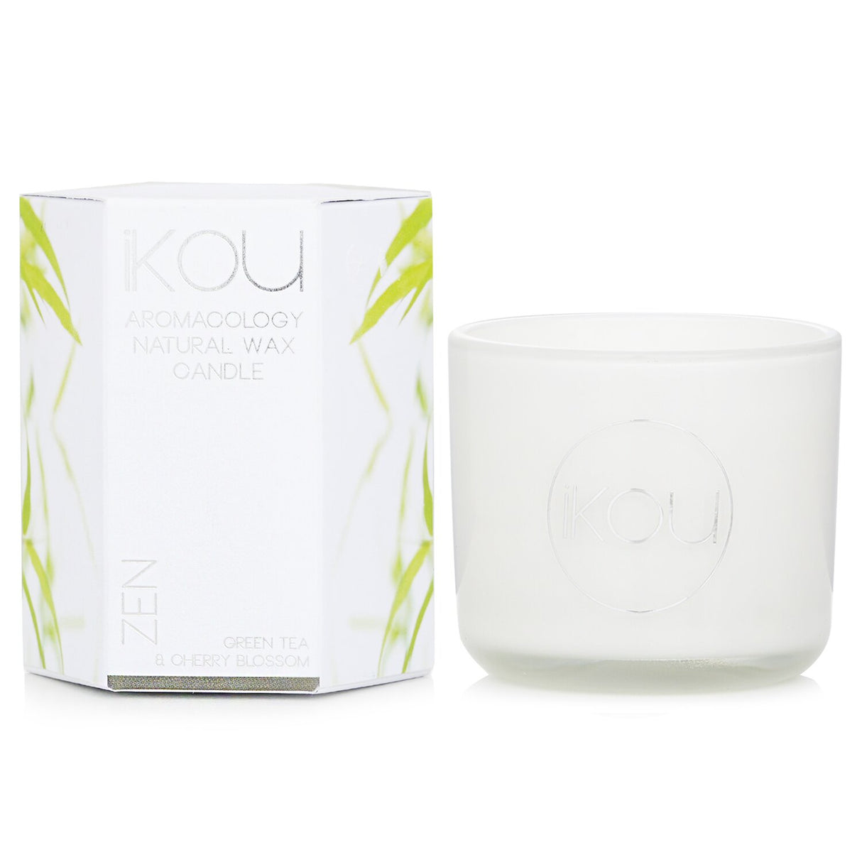 Eco-luxury candle in glass, featuring Green Tea and Cherry Blossom scents, for a calming, eco-friendly ambiance.