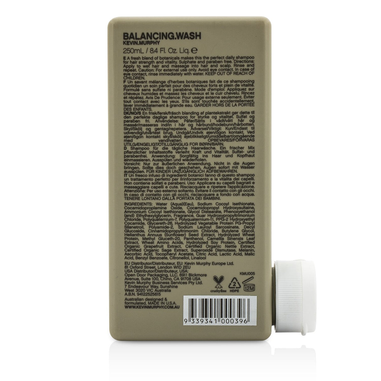 Kevin.Murphy Balancing.Wash shampoo bottle, antioxidant-rich formula for colored hair, sulfate and paraben-free, 250ml size.