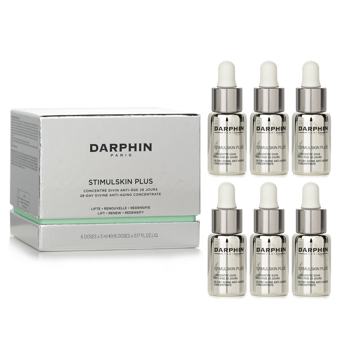 Darphin Stimulskin Plus 28-Day Anti-Aging Concentrate, 6 ampoules for rejuvenating skin and reducing wrinkles.