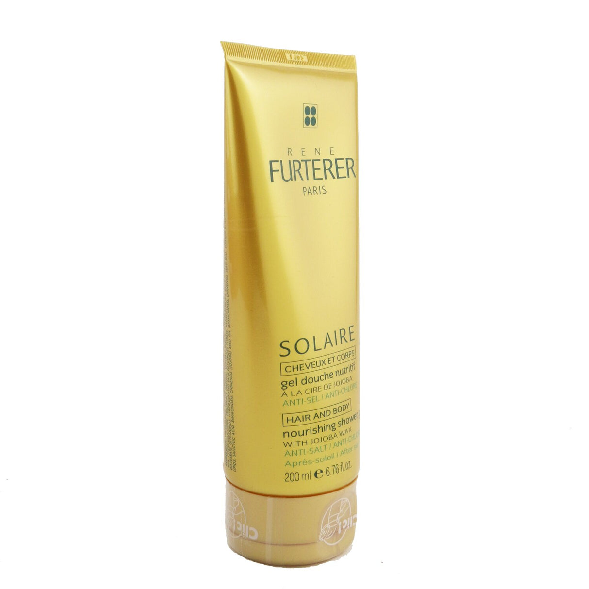 Rene Furterer Solaire 200ml nourishing shower gel for hair and body, infused with jojoba wax for hydration and repair after sun exposure.
