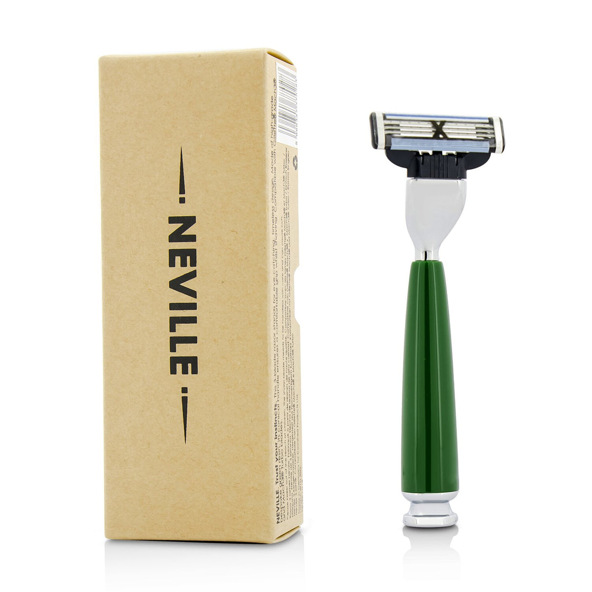 Premium Neville Razor featuring a 3-blade system and ergonomic green resin handle for a close, comfortable shave.