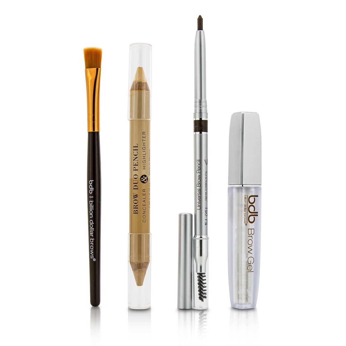 Billion Dollar Brows Best Sellers Kit: 4-piece collection for flawless, defined brows with pencil, gel, brush, and duo pencil.