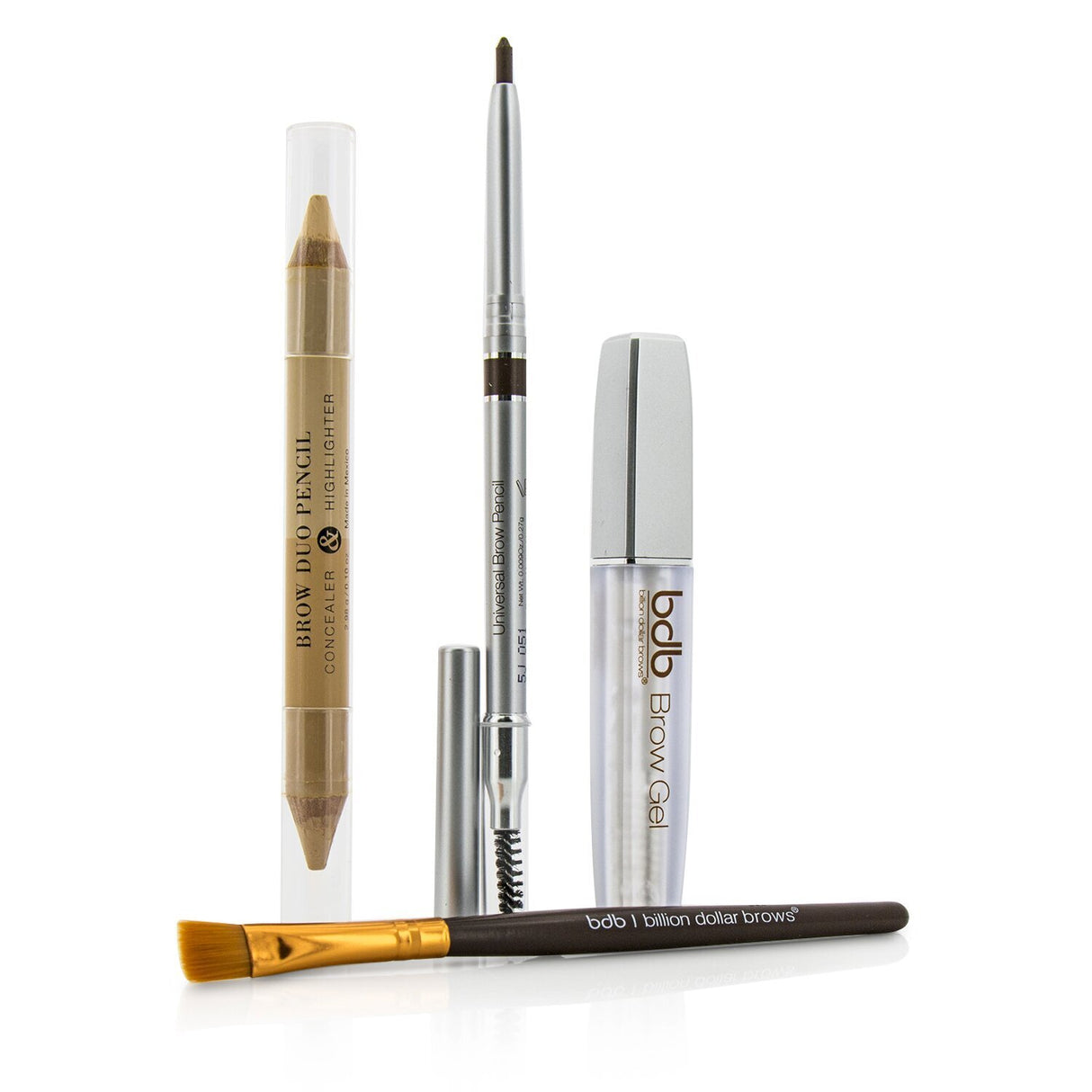 Billion Dollar Brows Best Sellers Kit featuring Universal Brow Pencil, Brow Duo Pencil, Smudge Brush, and Brow Gel for flawless brows.