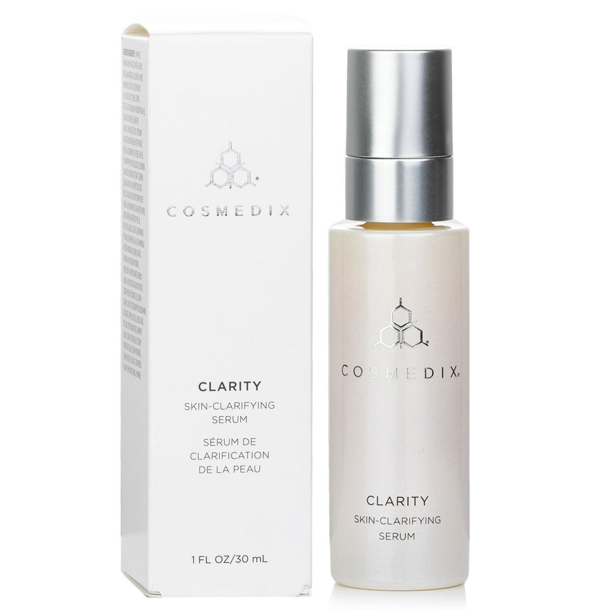 CosMedix Clarity Serum in a 30ml bottle, an anti-acne solution with Salicylic Acid for radiant, clear skin.
