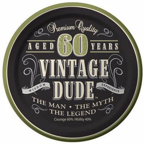 Vintage Dude 60th Birthday Luncheon Plates featuring a nostalgic design, perfect for serving treats at milestone celebrations.