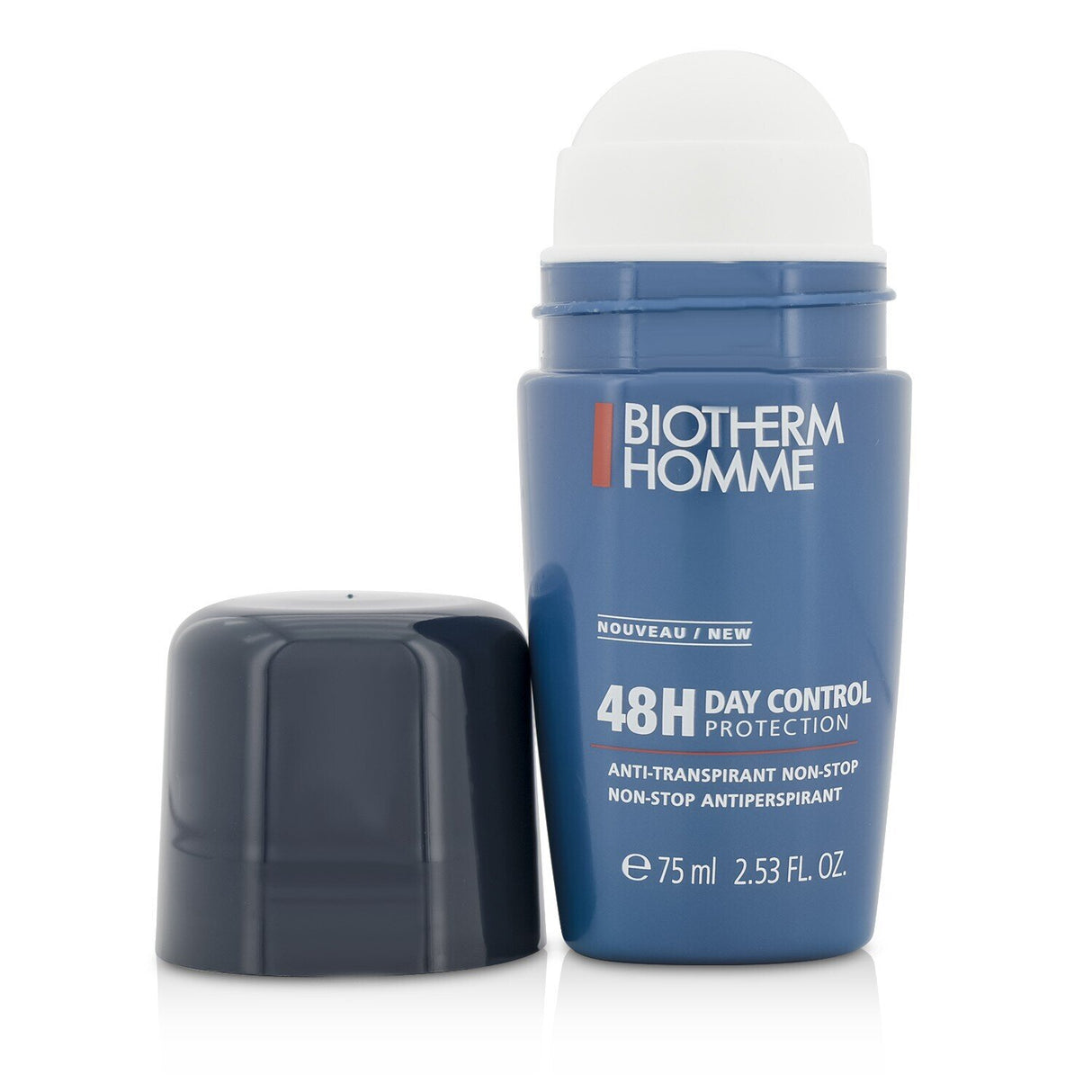Biotherm Homme Day Control 48H Antiperspirant: long-lasting freshness, roll-on applicator, soothing formula for active men.