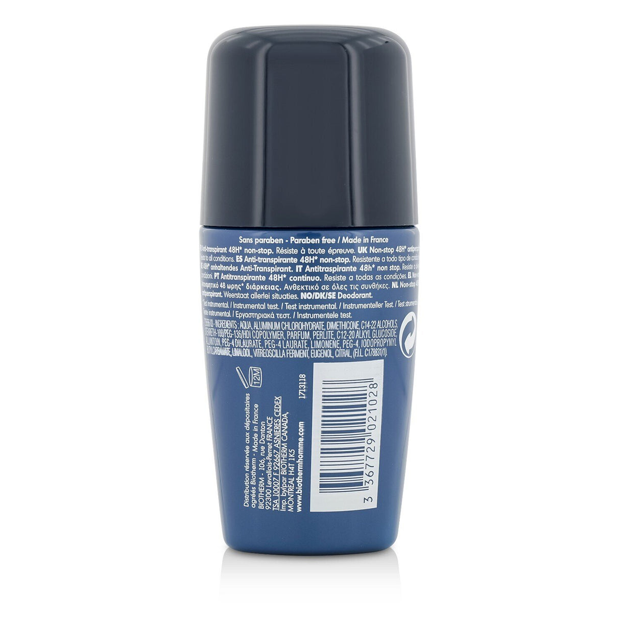 Biotherm Homme Day Control Antiperspirant roll-on, offering 48-hour sweat protection, soothing Allantoin, and a precise applicator.