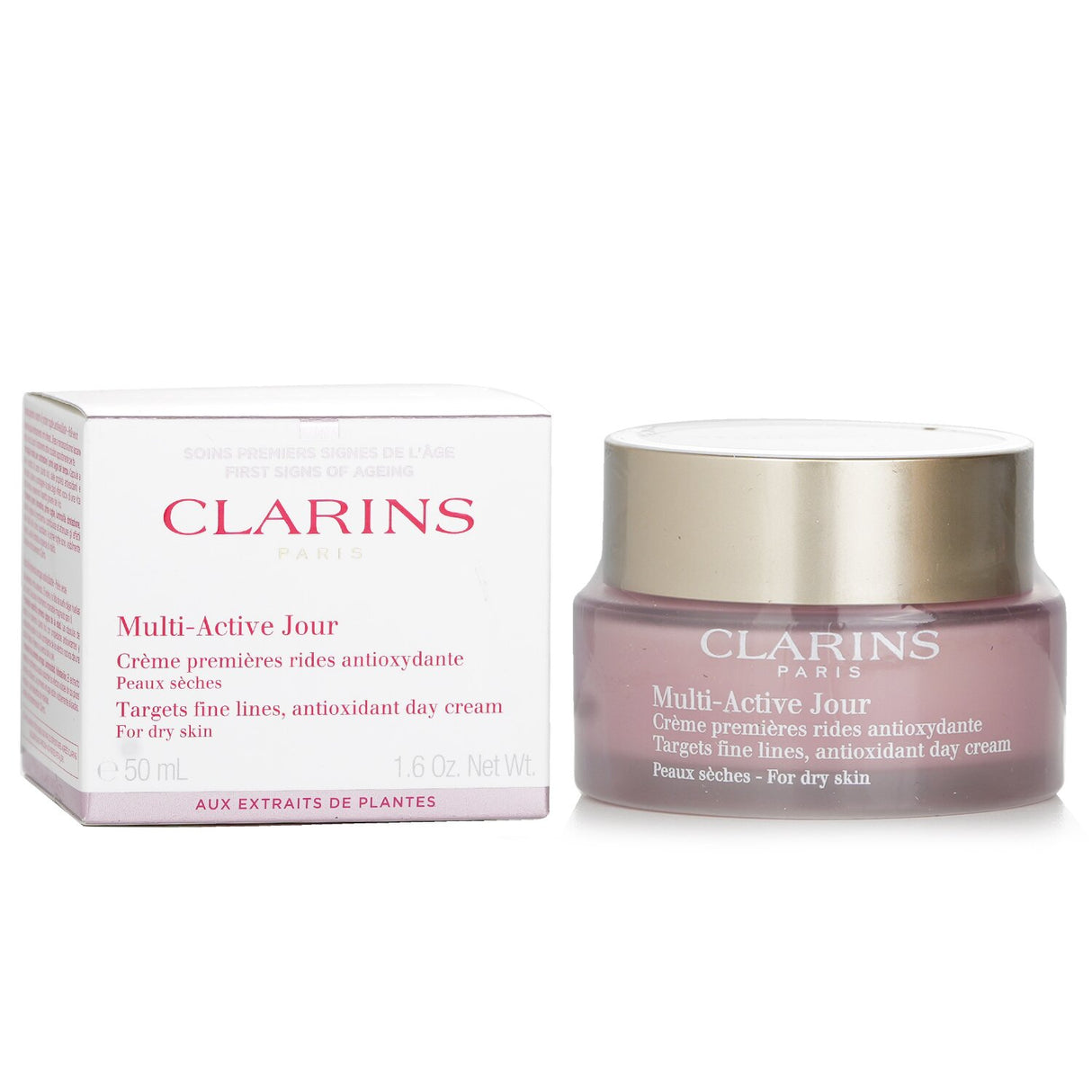 Clarins Multi-Active Day Cream for dry skin, featuring antioxidants to combat fine lines and enhance hydration for a youthful glow.