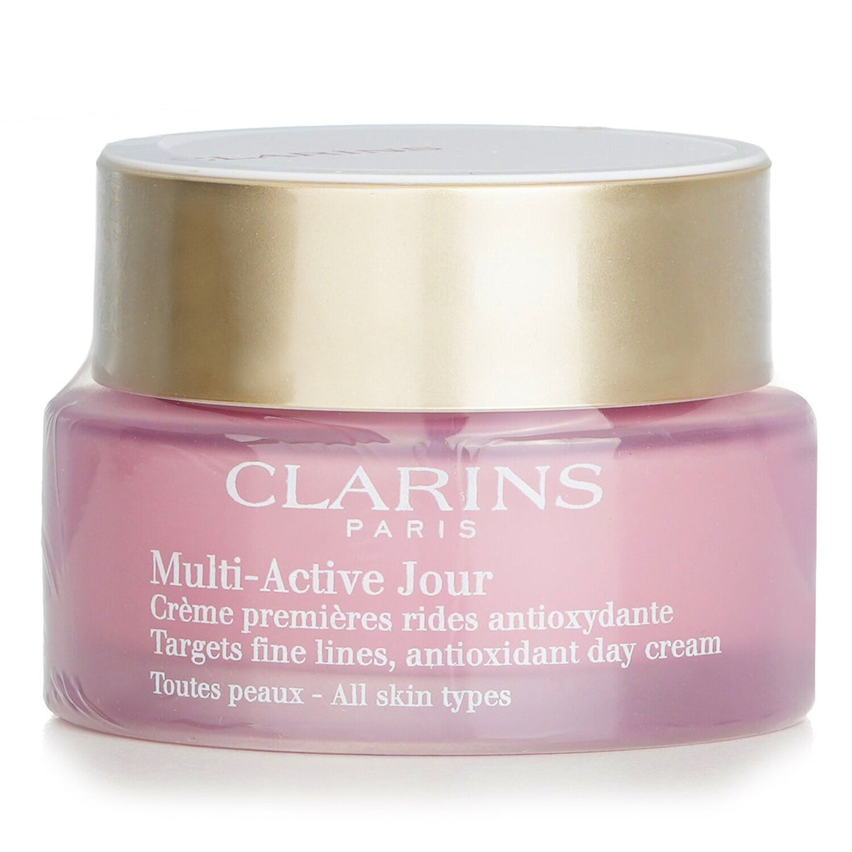 Clarins Multi-Active Day Cream for all skin types, targeting fine lines with antioxidants for youthful, radiant skin.
