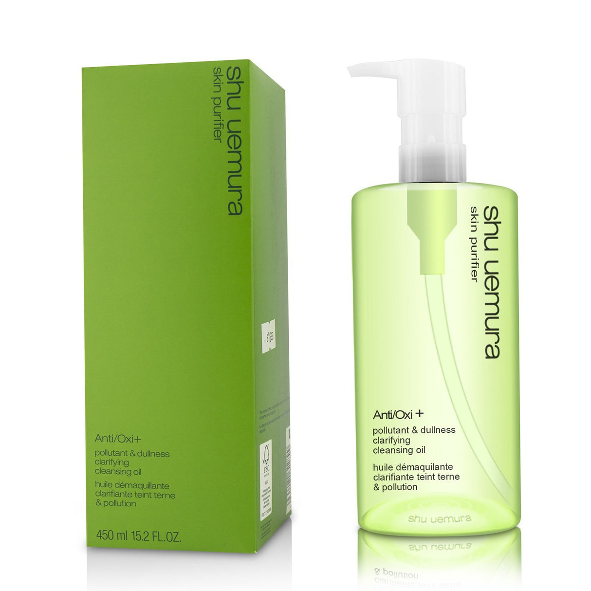 Luxurious 450ml cleansing oil with moringa and green tea extracts, removes makeup, purifies skin, and enhances radiance.