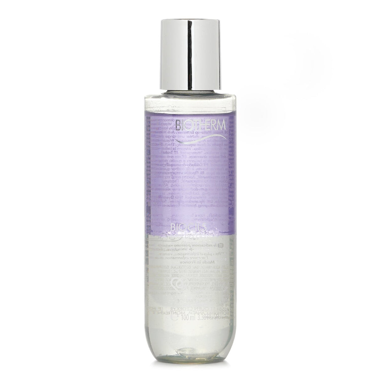 Gentle 100ml eye makeup remover by Biotherm, dissolves stubborn makeup while nourishing and reinforcing lashes, paraben-free.