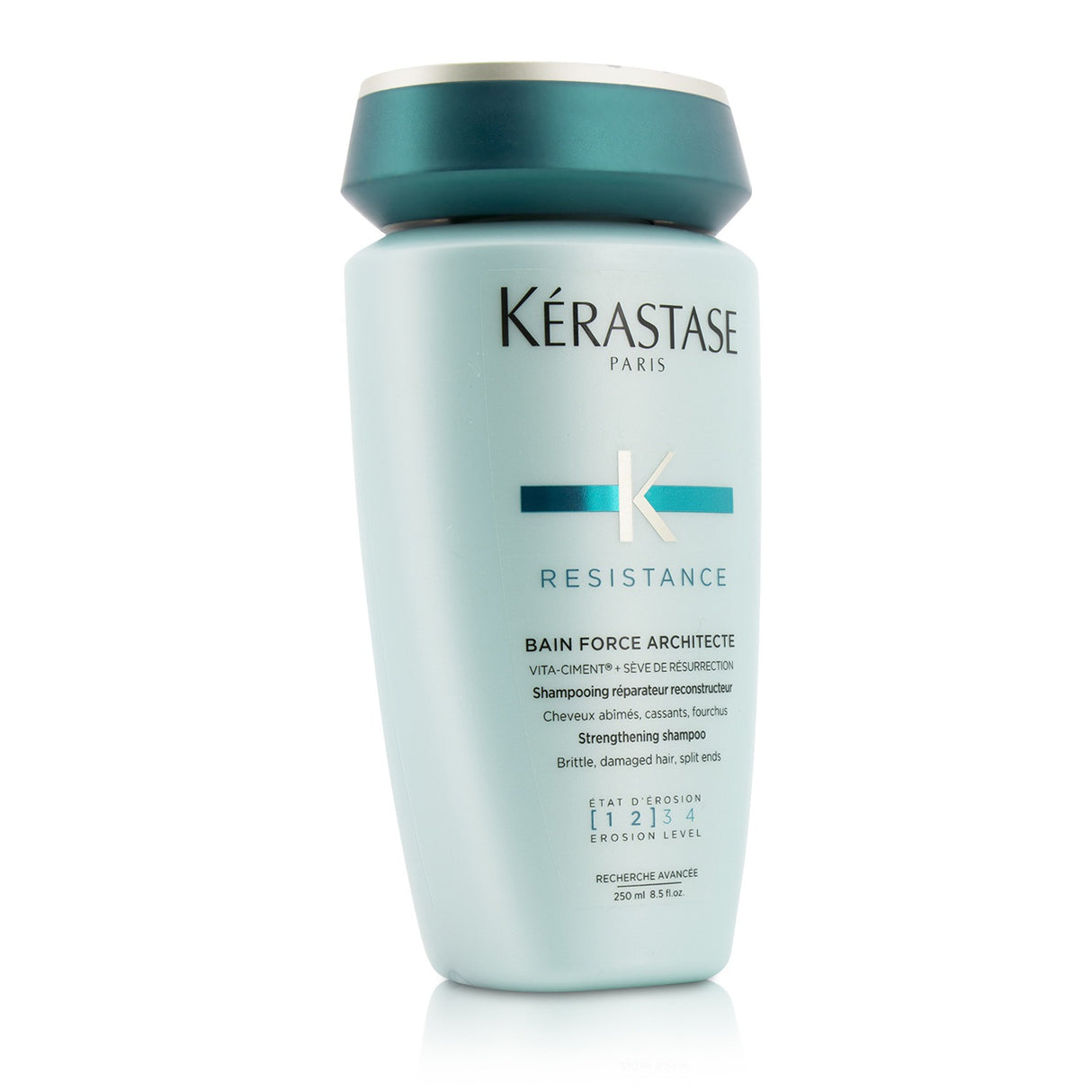 Kerastase Resistance Bain Force Architecte Shampoo for brittle hair, enriched with Pro-Keratin and Ceramide R for strength and shine.