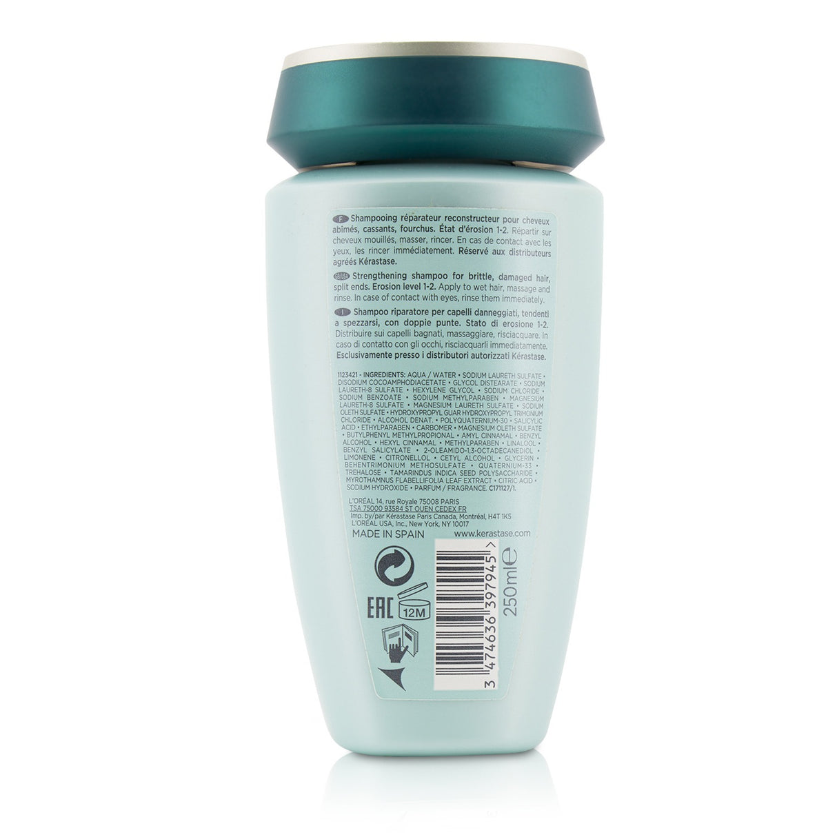 Revitalizing Kerastase shampoo for brittle hair, enriched with Pro-Keratin and Ceramide for strength and shine.