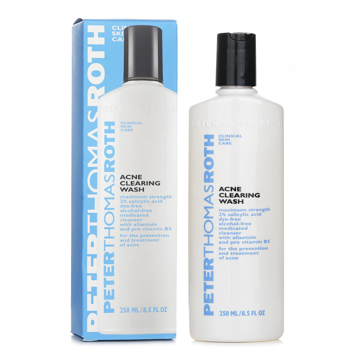 Peter Thomas Roth Acne Clearing Wash in 250ml, featuring 2% Salicylic Acid for deep cleansing and acne prevention.