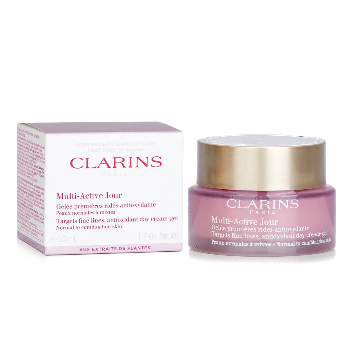 Clarins Multi-Active Day Cream-Gel for normal to combination skin, 50ml, revitalizes with antioxidants and reduces fine lines.