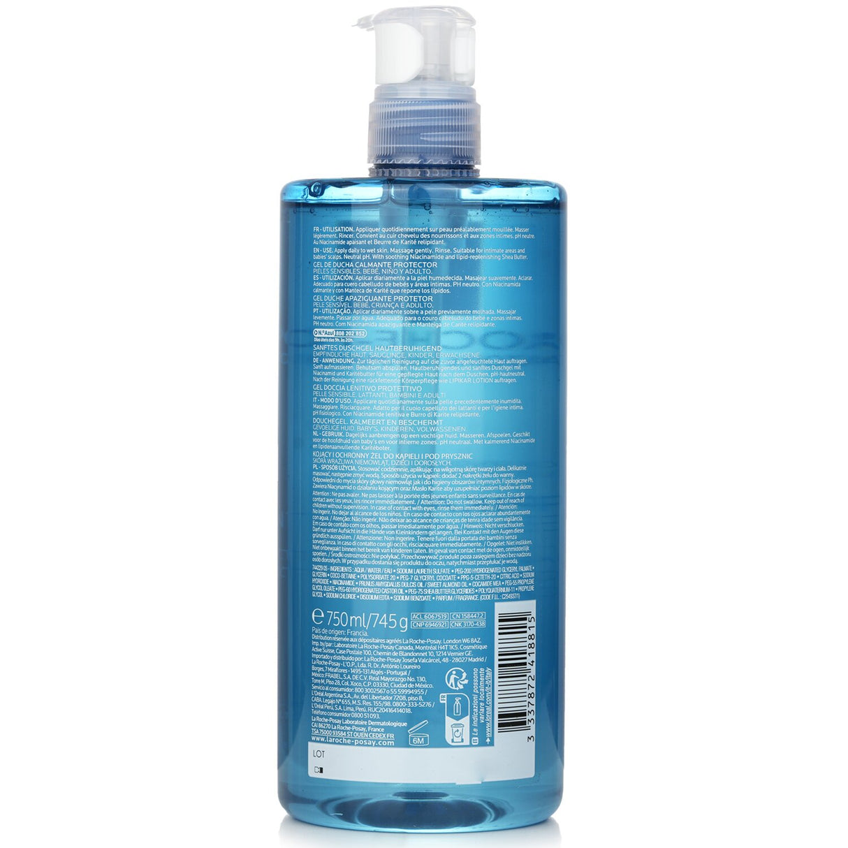 Soothing 750ml shower gel for sensitive skin, enriched with Niacinamide and Shea Butter, safe for all ages.