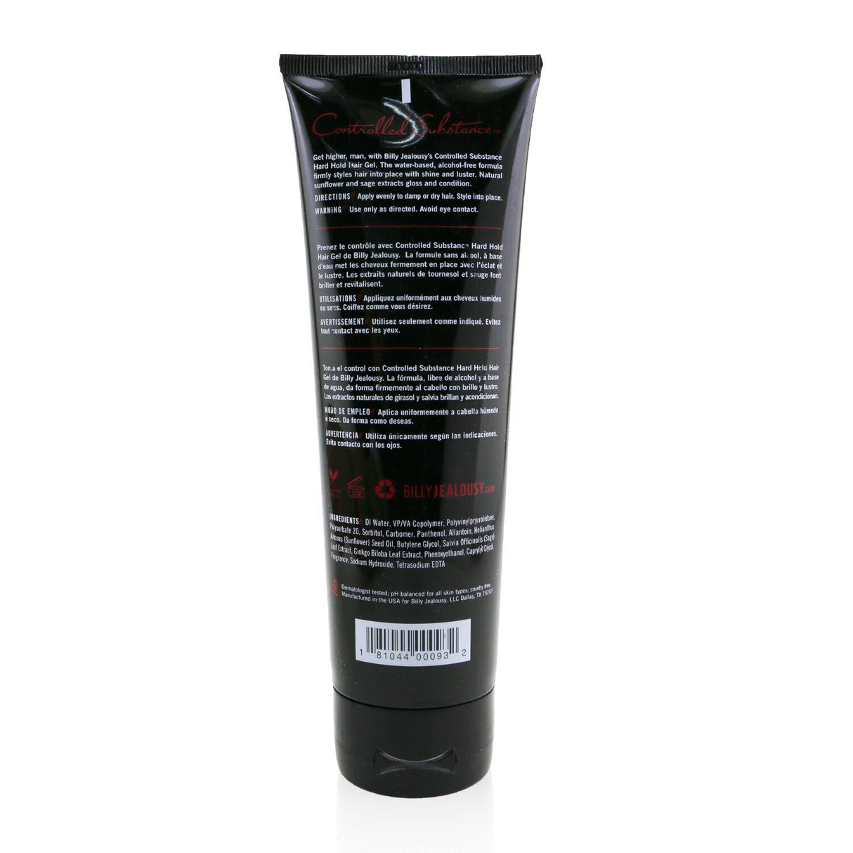 Billy Jealousy Controlled Substance Hard Hold Gel in a 250ml bottle, designed for strong hold and high shine for men's hairstyles.