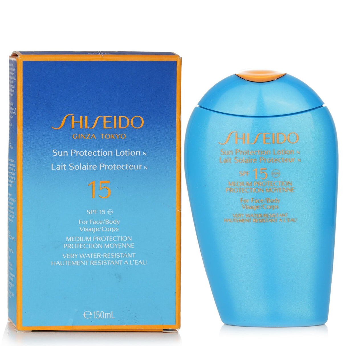 Lightweight, water-resistant sunscreen lotion from Shiseido, SPF 15 for face and body, designed for protection and hydration.