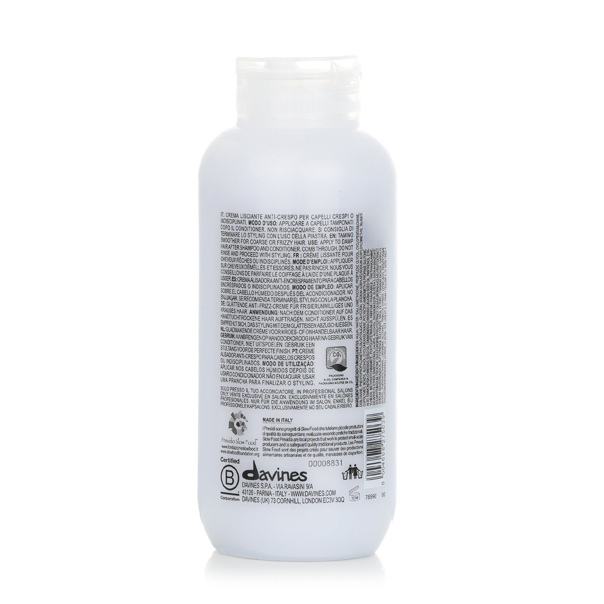 Leave-in treatment for coarse or frizzy hair, enriched with olive extract for nourishment, hydration, and a citrus scent.
