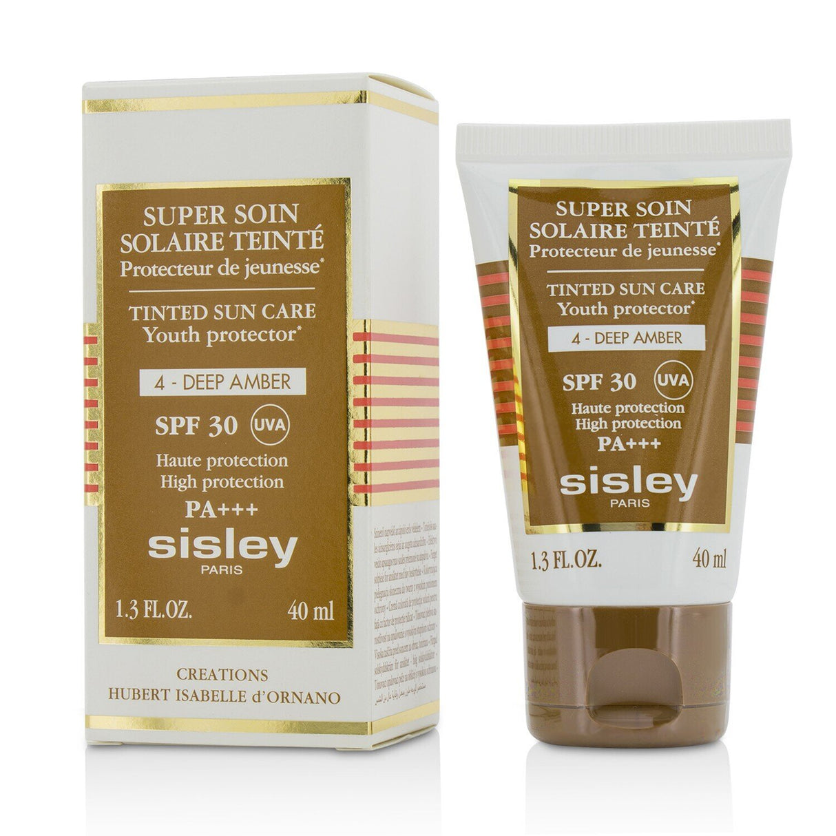 Sisley Super Soin Solaire Tinted Youth Protector SPF 30 in #4 Deep Amber, offering sun protection and hydration with a flawless finish.