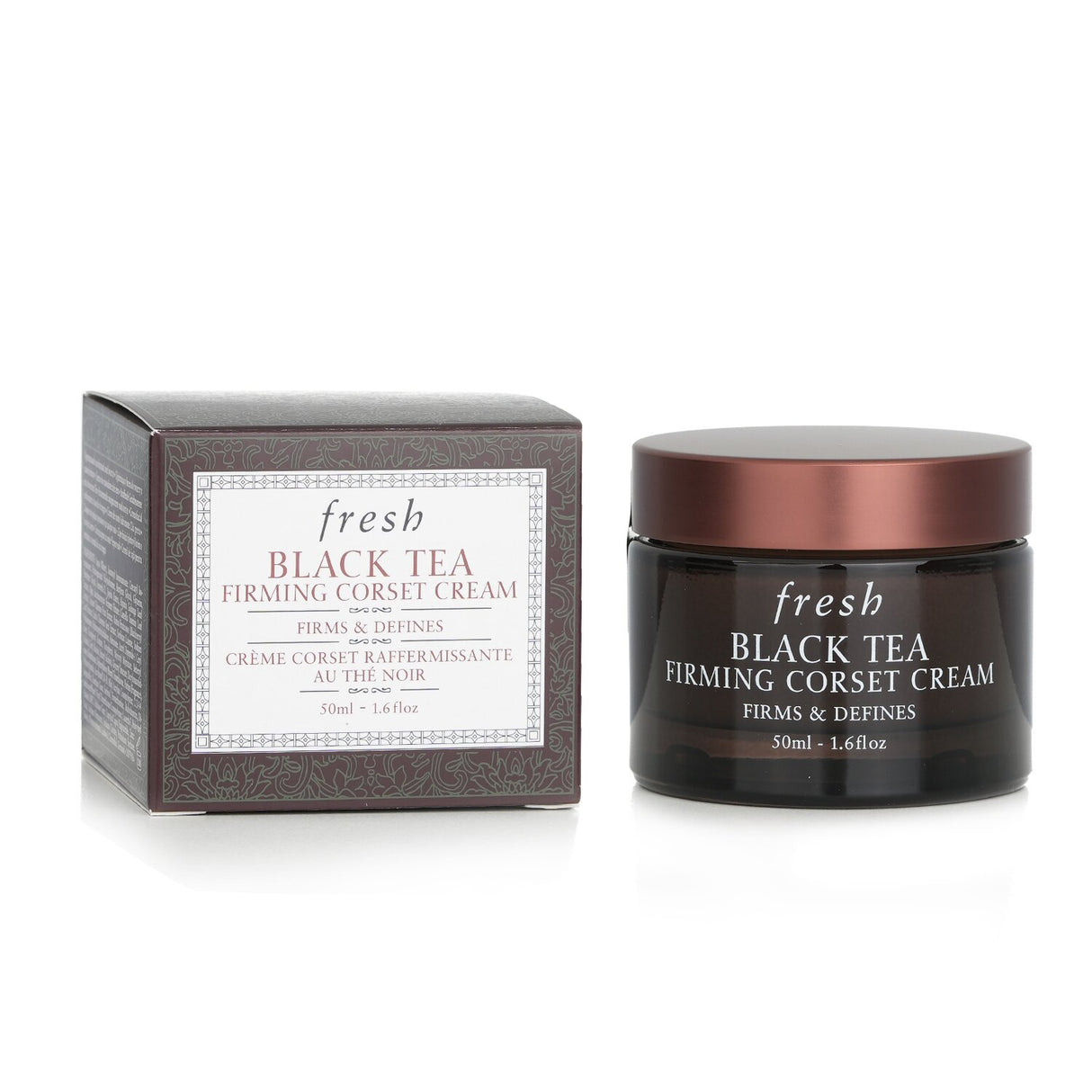 Luxurious Black Tea Firming Corset Cream for face and neck, promoting hydration, firmness, and youthful glow in a 50ml jar.