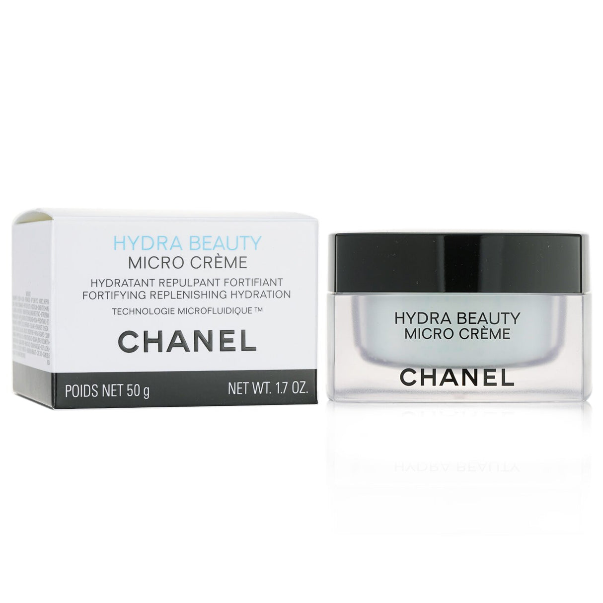 Chanel Hydra Beauty Micro Cream: luxurious 50g cream with water-light texture, Camellia Oil, and Blue Ginger for 24-hour hydration.