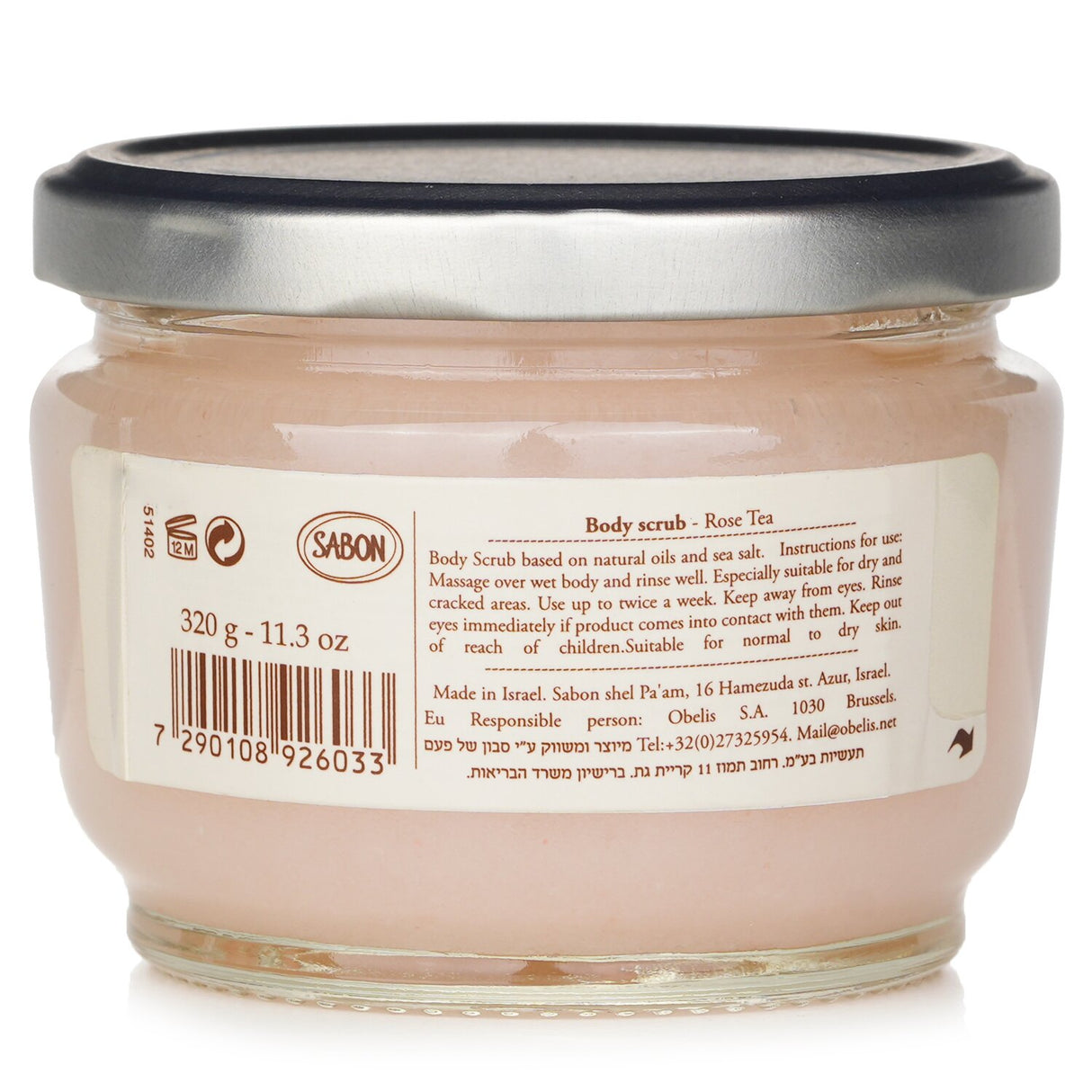 Luxurious Sabon Body Scrub in Rose Tea scent, featuring Dead Sea Salt granules for gentle exfoliation and natural oils for nourishment.