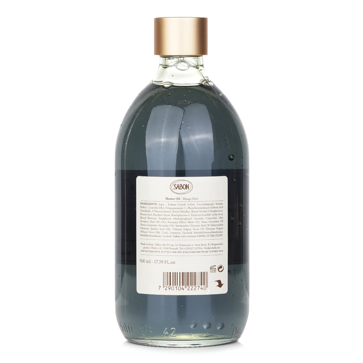 Sabon Kiwi Mango Shower Oil in a 500ml bottle, featuring nourishing essential oils for soft, fragrant skin.