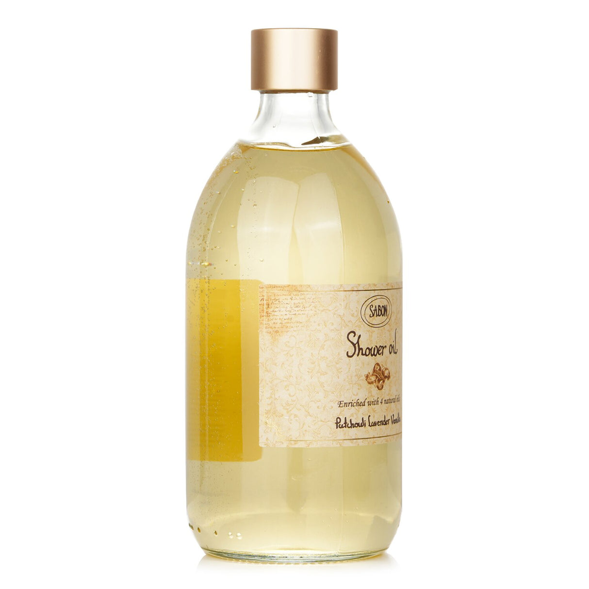 Luxurious Sabon Shower Oil in Patchouli, Lavender, Vanilla scent, nourishing skin with essential oils for a soft, hydrating cleanse.
