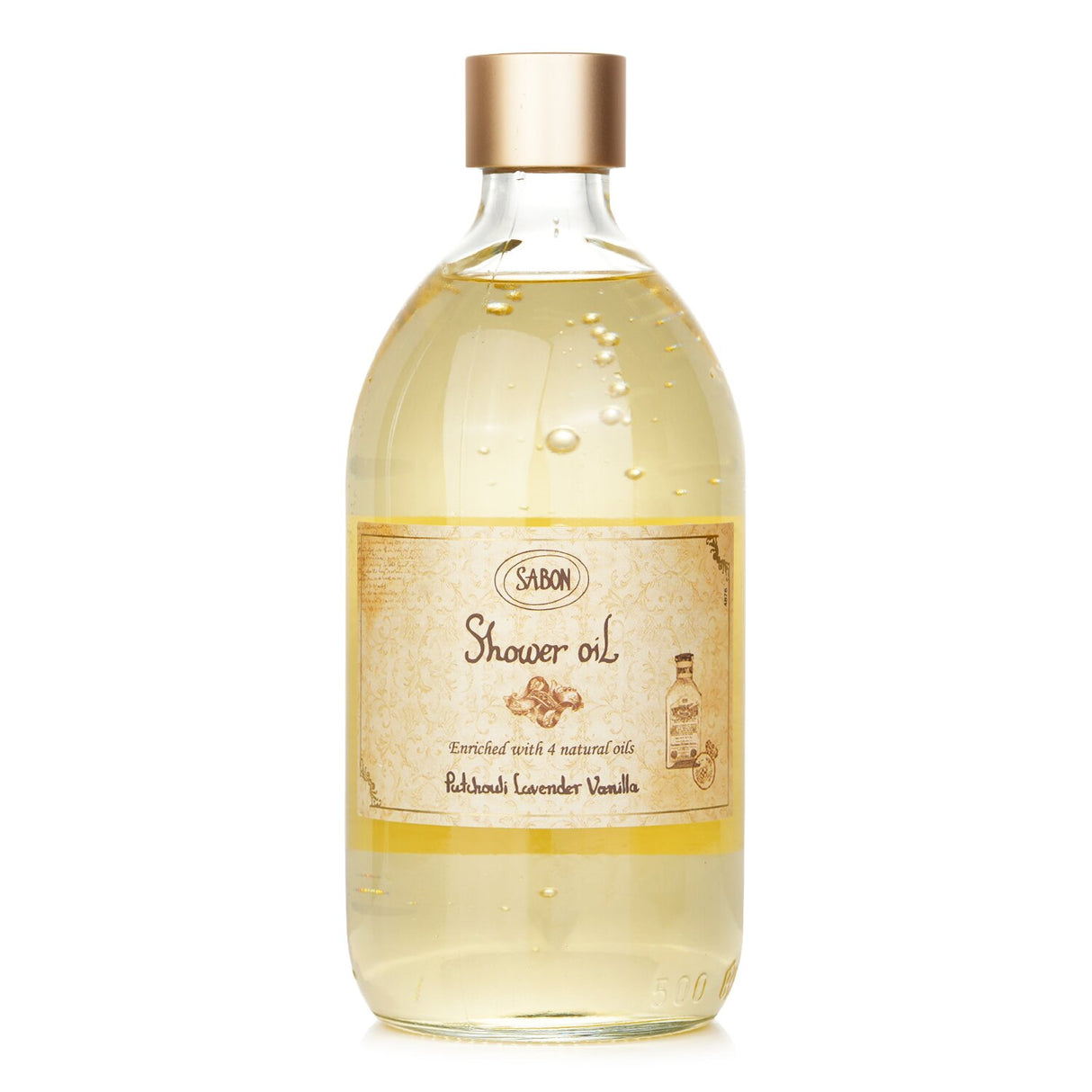 Sabon Shower Oil in Patchouli Lavender Vanilla, 500ml, nourishes and hydrates while gently cleansing skin with soothing fragrance.