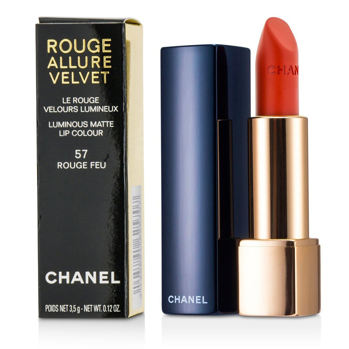 Chanel Rouge Allure Velvet #57 Rouge Feu lipstick has a soft texture, hydrating formula, and striking matte finish for a bold look.