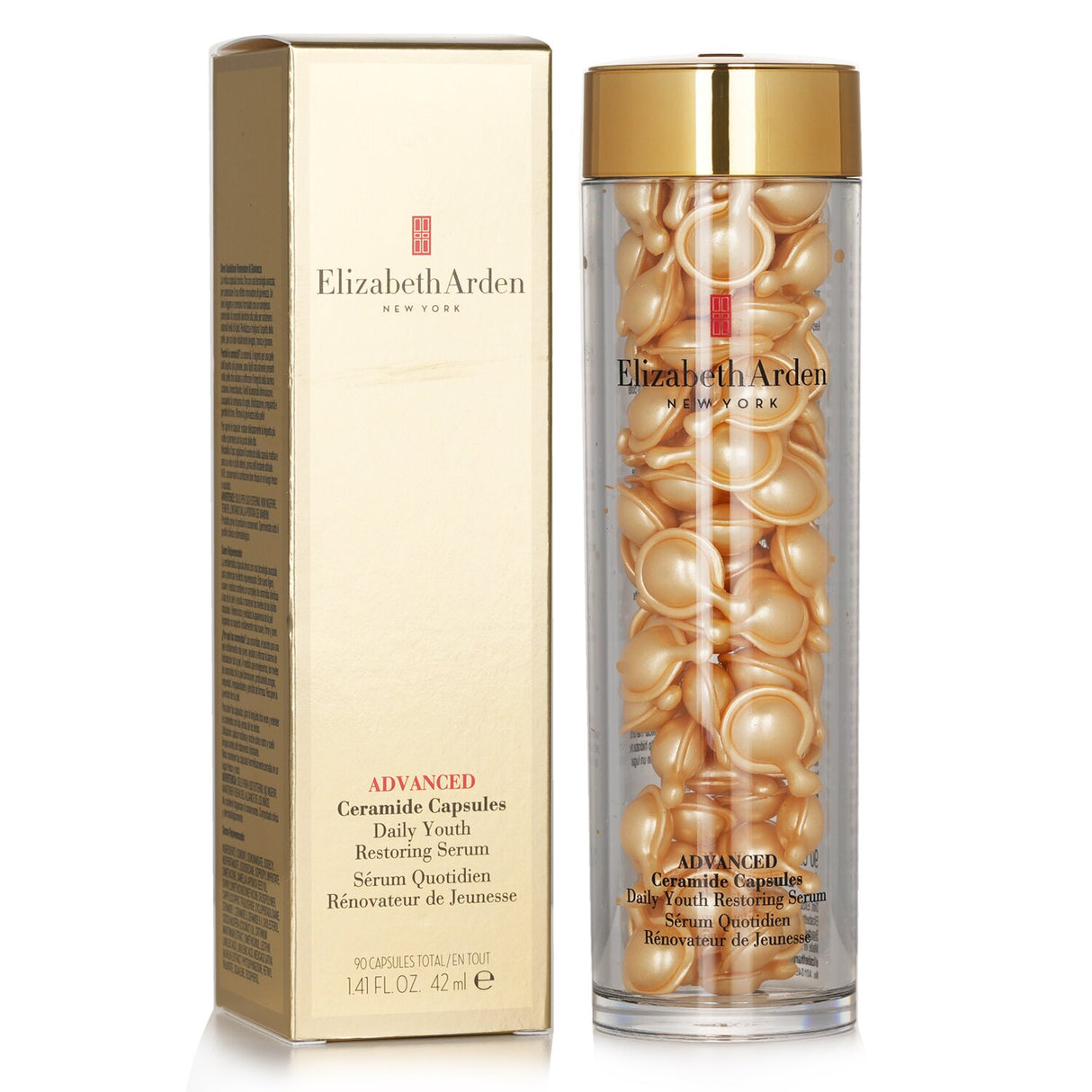 Elizabeth Arden Ceramide Capsules in biodegradable packaging for youthful, hydrated skin; reduces fine lines and enhances radiance.