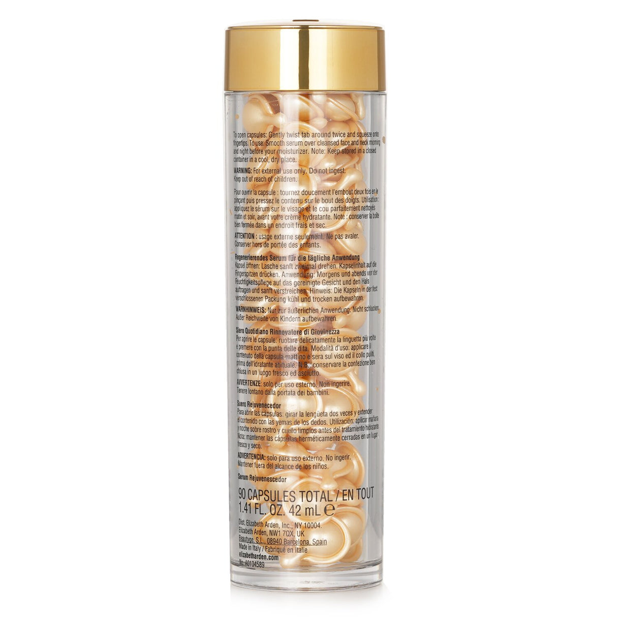 Elizabeth Arden Ceramide Capsules in biodegradable packaging, offering concentrated anti-aging serum for youthful, hydrated skin.