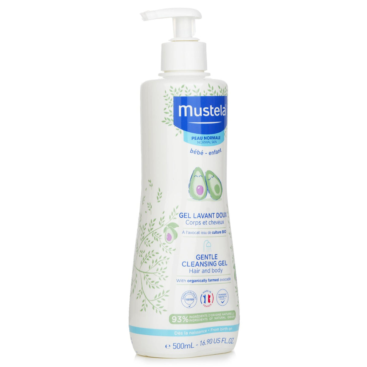 Mustela Gentle Cleansing Gel for babies, 500ml, hypoallergenic, tear-free, with plant-based ingredients for soft skin and hair.