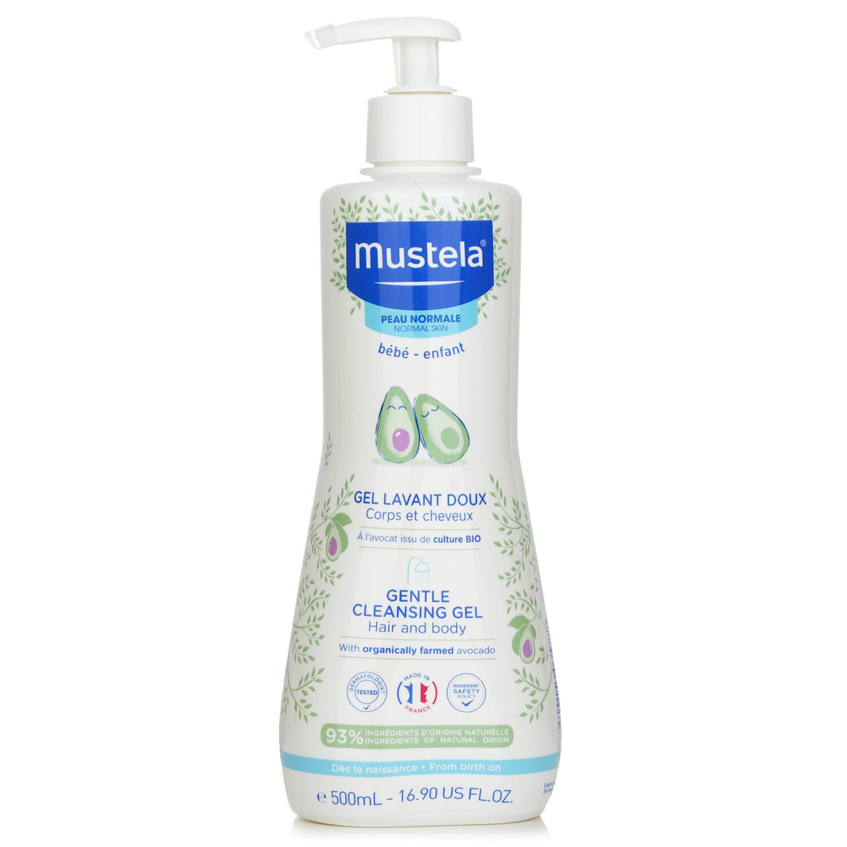 Gentle cleansing gel for babies with 90% plant-based ingredients, protecting skin and hydrating with Avocado Perseose.