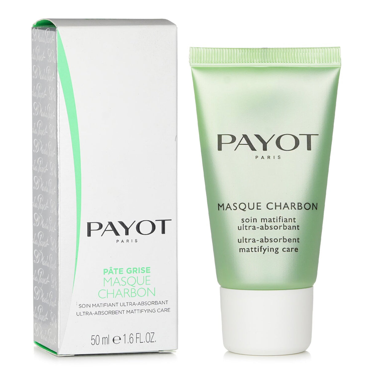 Payot Pate Grise Masque Charbon, a black mattifying mask with charcoal, kaolin, and mint for oily skin, 50ml container.