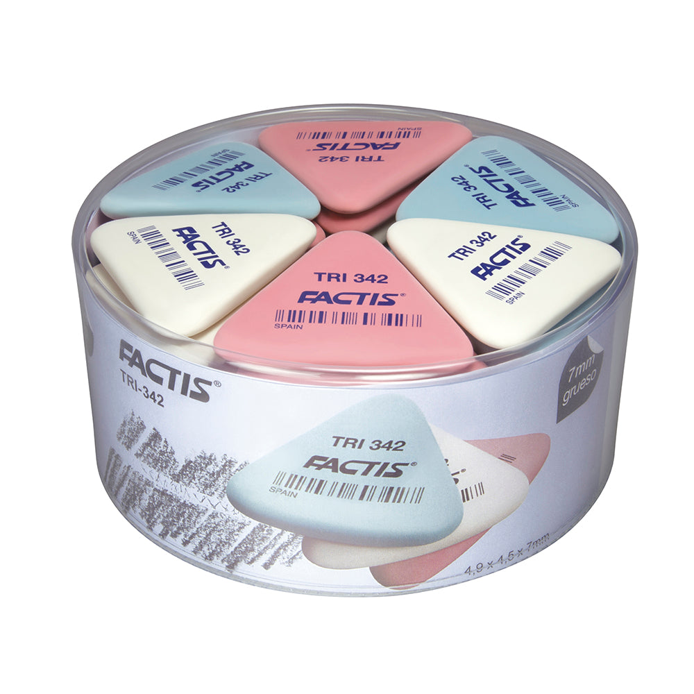 Assorted triangular synthetic rubber erasers set of 42, ideal for clean, precise erasing without damaging paper.