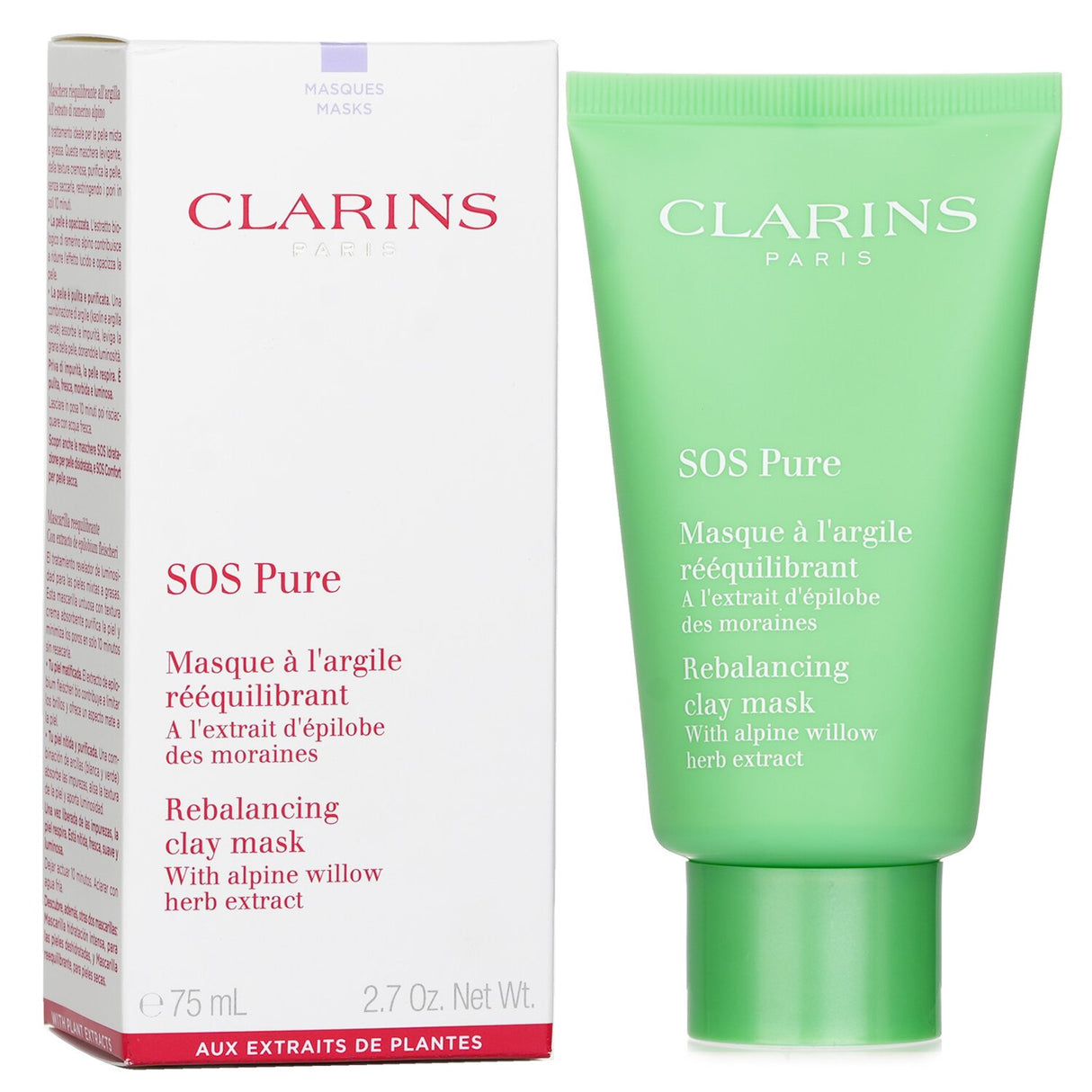 Clarins SOS Pure Rebalancing Clay Mask with Alpine Willow, a purifying treatment for combination to oily skin, 75ml size.