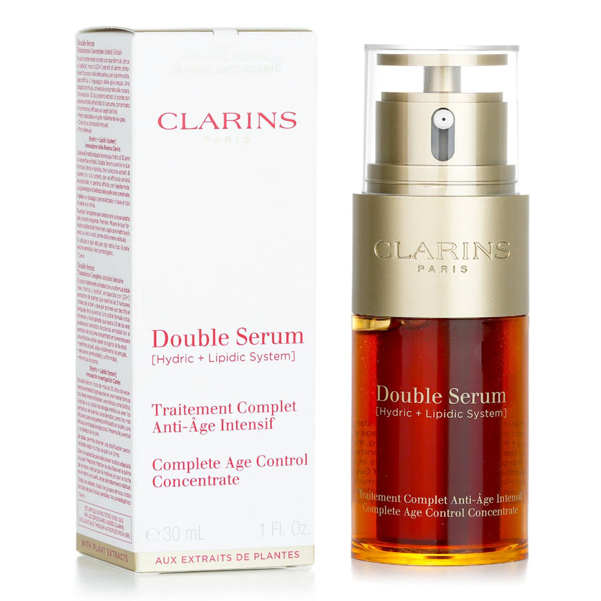 Clarins Double Serum, a dual-phase anti-aging concentrate with 20 plant extracts and turmeric, revitalizes all skin types.