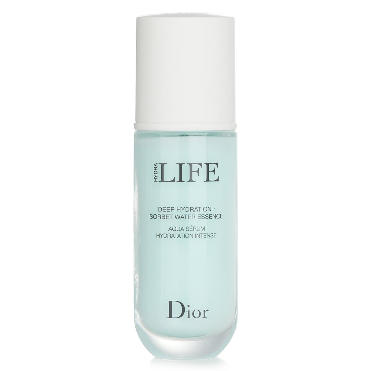 Christian Dior Hydra Life Deep Hydration Sorbet Water Essence in translucent blue, offering 3-in-1 hydration for a radiant complexion.