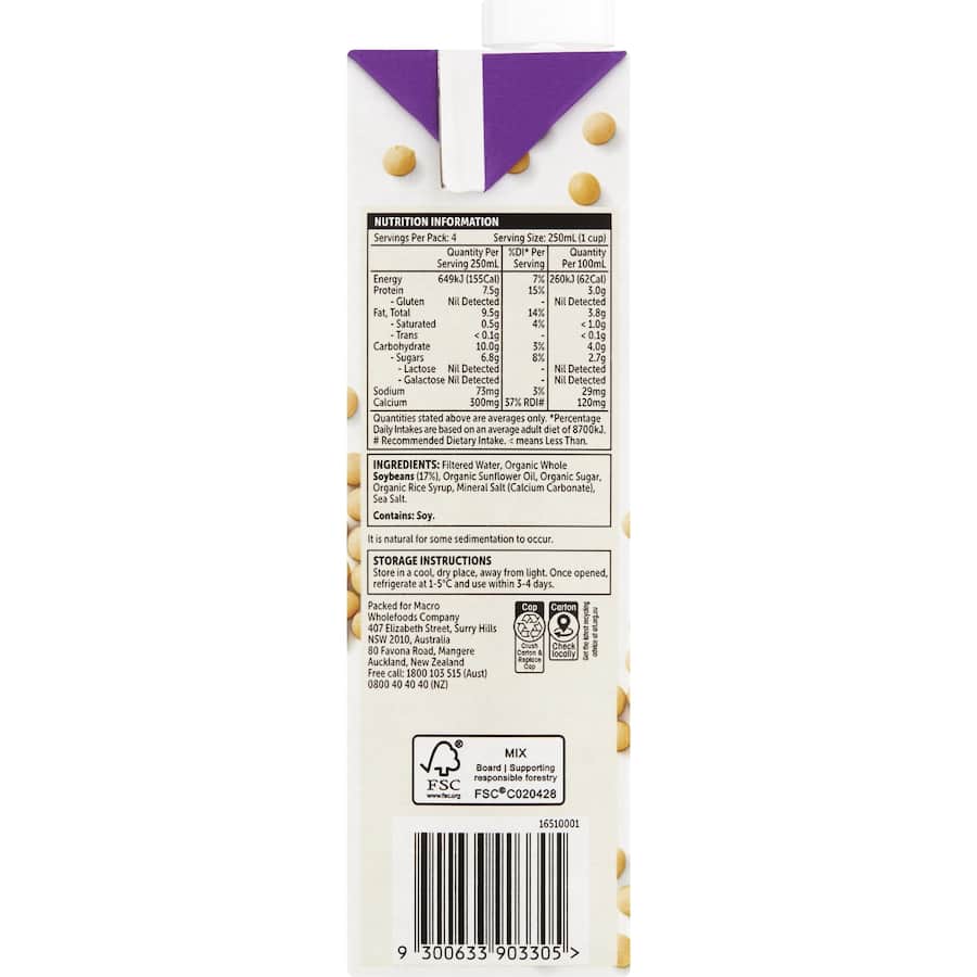 Macro Organic Soy Milk Carton 1L