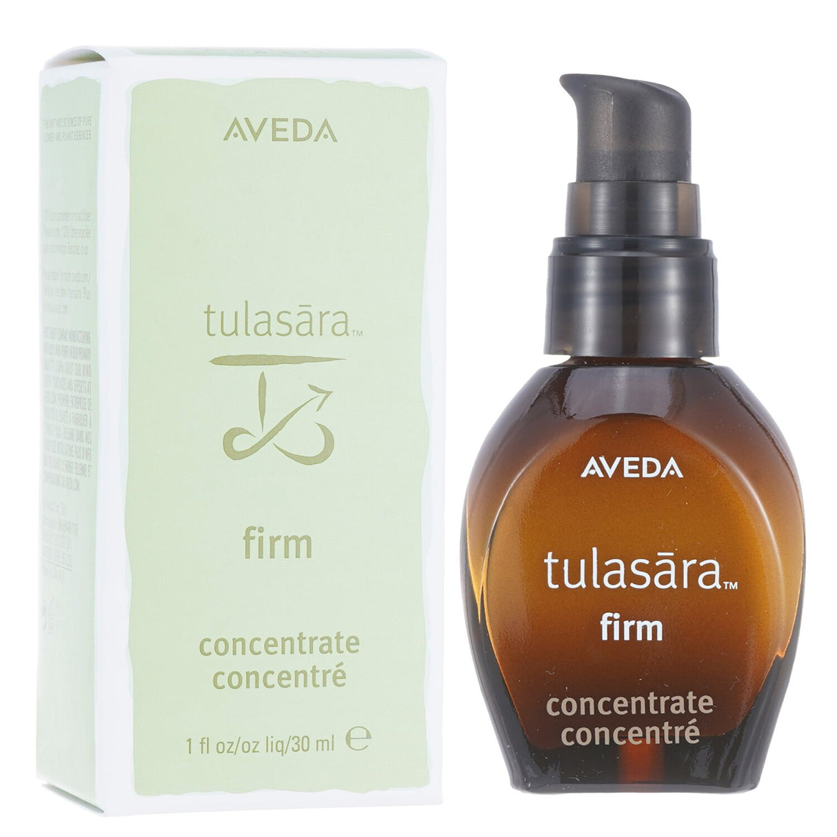 Aveda Tulasara Firm Concentrate in a 30ml bottle, featuring natural ingredients for firmer, youthful, and hydrated skin.