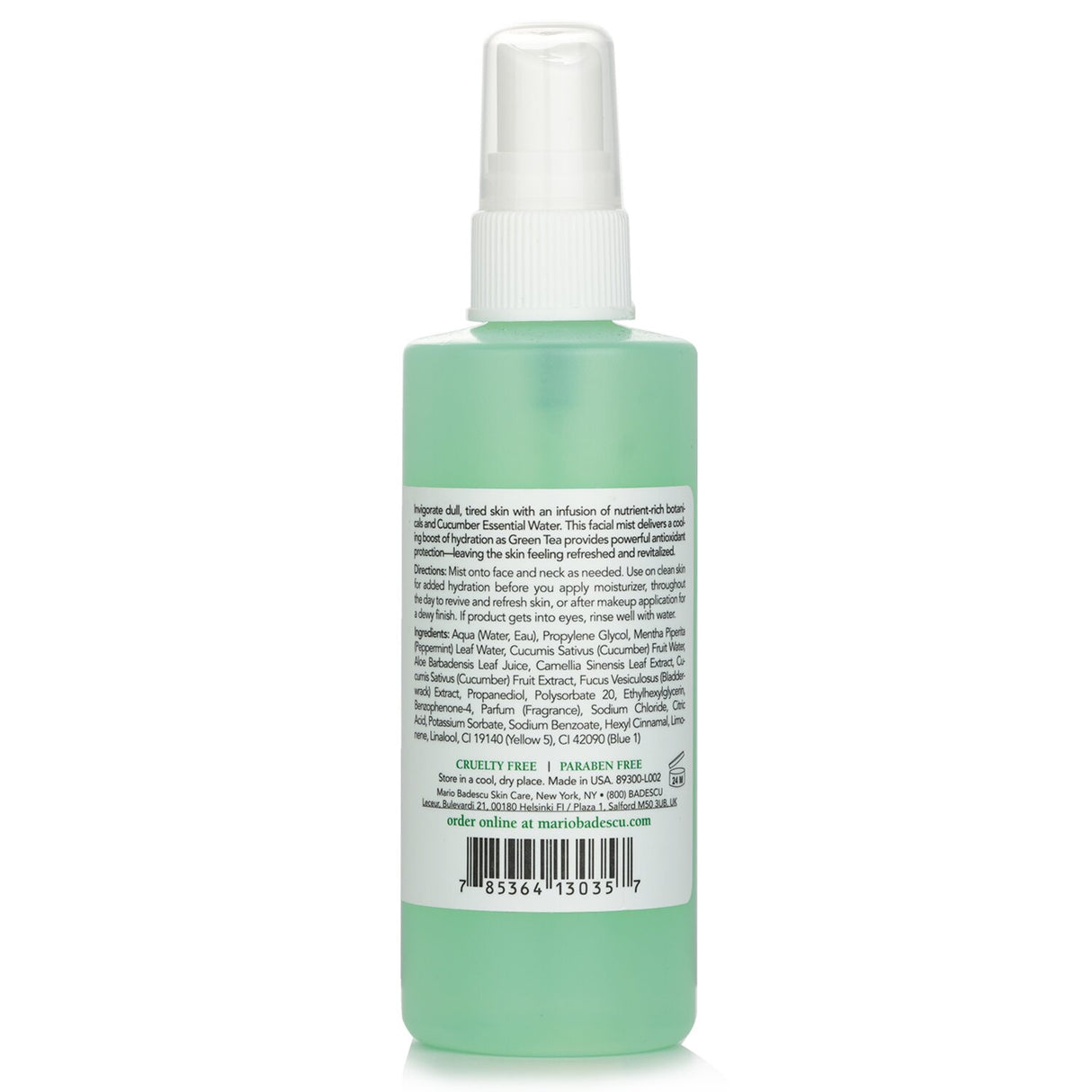 Refreshing facial mist featuring aloe, cucumber, and green tea for hydrating and revitalizing all skin types.