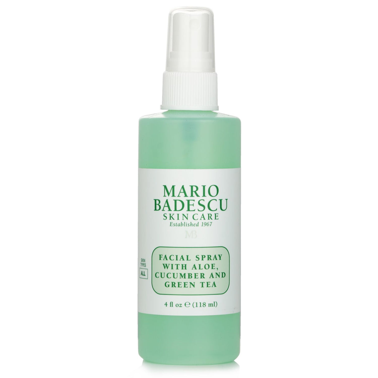 Mario Badescu Facial Spray with Aloe, Cucumber, and Green Tea, a refreshing mist for all skin types that hydrates and revitalizes.